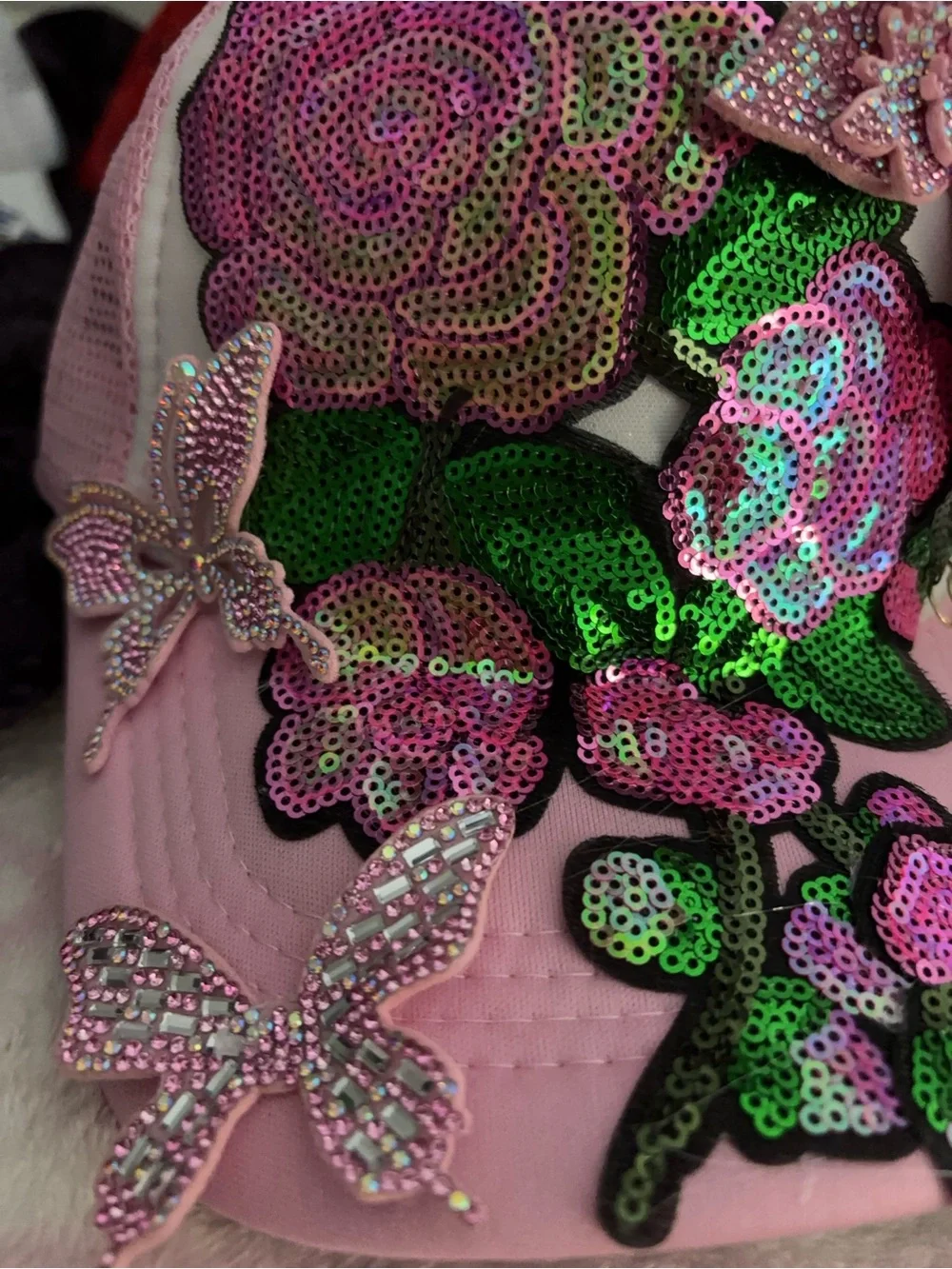 Pink Sequin Floral Cap with Rhinestone Butterflies